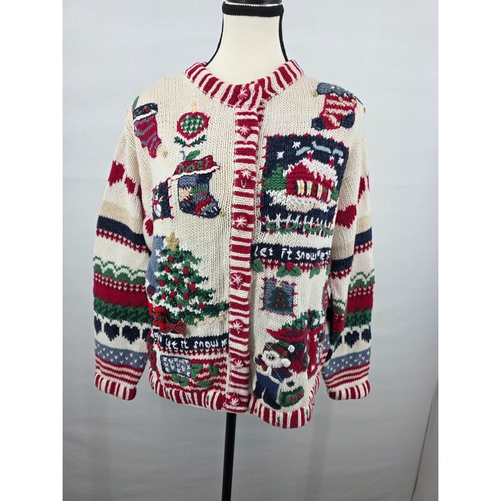 Heirloom Collectibles Vintage Christmas Cardigan Sweater Let It Snow White Red M